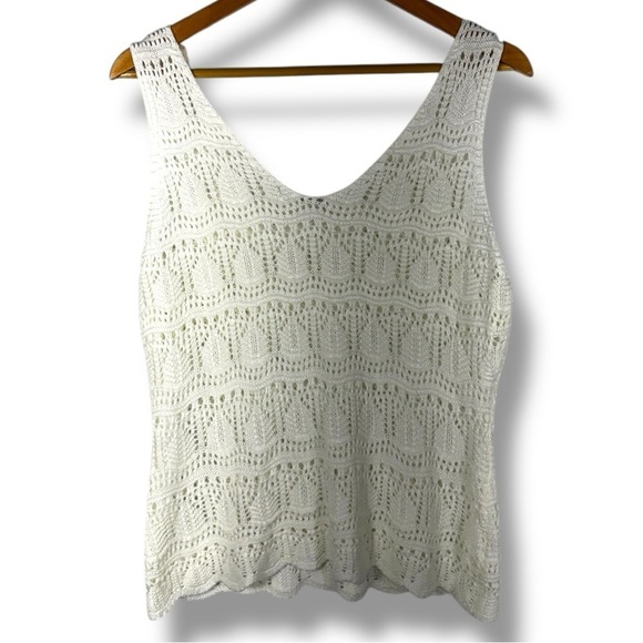 Pointelle Crocheted V Neck Scalloped Hem Tank Sweater, Ivory Cream, Size Large - Picture 3 of 10